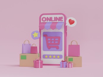 3d illustration shopping online with smartphone application service, digital marketing concept. 3d rendering shopping bag, gift box and basket.