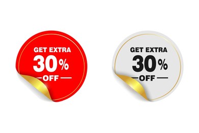 get extra 30 percent off sale. round sticker badge with offer. discount offer price sign. special offer symbol. save 30 percentages. paper label banner. extra discount adhesive tag. vector