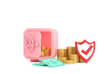 3d. safe, coins and banknotes for symbol business saving.
