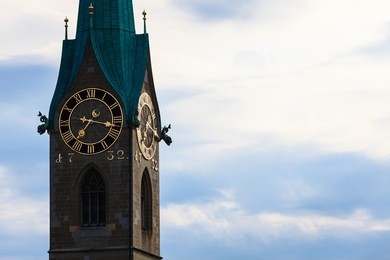 zurich landmarks: the st. peter church, the lady minster (german: fraumunster)