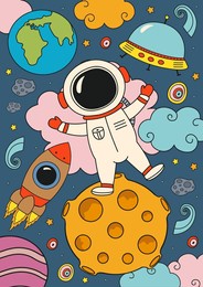 poster with cute astronaut on the moon in space