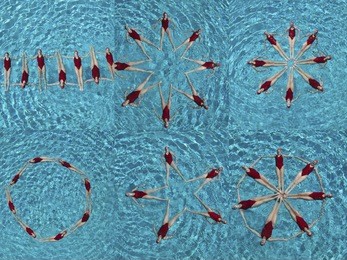 collage of female synchronized swimmers forming various shape in swimming pool