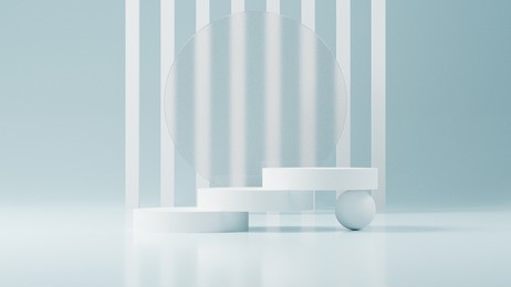 white mockup podium or pedestal with blue background, empty platform for product showcase, 3d rendering