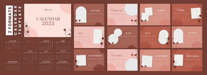 2 formats complete set of 2023 yearly calendar template design with space for image or text in peach and brown color.