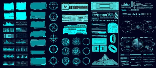 collection sci-fi digital interface hud elements mega set pack. user interface, frame screens. blue callouts titles, full circle set, loading bars. dashboard display virtual reality technology screen.