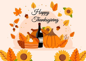 cute pumpkin with pumpkin pie and a bottle of wine, a variety of pumpkin food for a thank you greeting card.