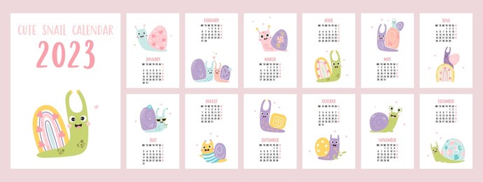 yearly calendar 2023 template with cute decorative snails on white background. vertical set of 12 pages and cover in english. vector. week from monday. stationery, desk and wall flip calendar