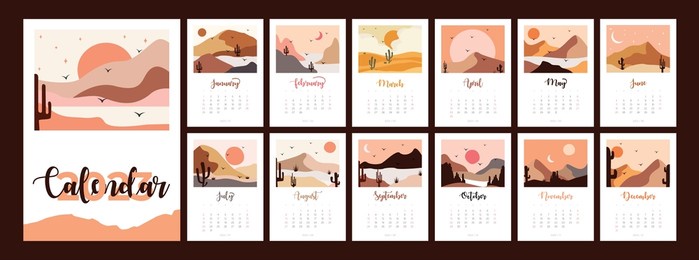 2023 calendar vertical design with abstract natural boho landscapes. vector illustration. week starts on sunday.
