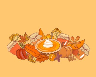 autumn pumpkin pie. pumpkin harvest and recipes for pumpkin jam and pies hand drawn. autumn recipes background