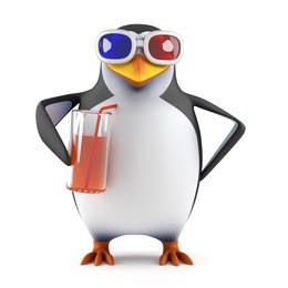 3d render of a penguin in 3d glasses drinking from a glass