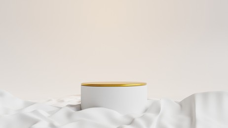 elegant gold white podium showcase with curled fabric on floor for product display 3d rendered