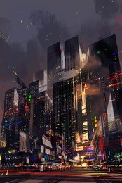 digital painting of the light trails in the modern city,illustration