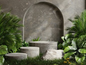 concrete platform in tropical forest for product presentation and cement wall.3d rendering