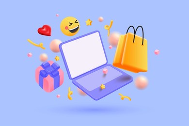 3d online shopping, floating laptop, giftbox, shopping bag and elements. secure online shopping concept.  3d vector render illustration