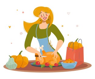 nice woman cooking a turkey. thanksgiving dinner. blogger girl or video blogger, vector illustration of internet live broadcast channel.design for postcards, posters, flyers, websites and other uses.