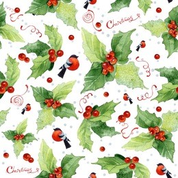 christmas seamless watercolor background with holly berries and bullfinches on white background.