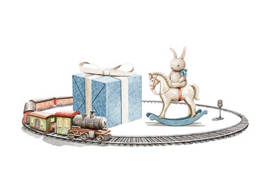 watercolor vintage children toy miniature round railway with train, rocking horse toy, bunny and blue gift box isolated on white background. hand drawn illustration sketch