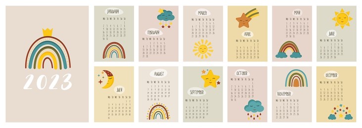 calendar 2023 template. monthly calendar 2023 with cute rainbows, stars, moon. trendy colors, cartoon style. starts on monday. a modern calendar for kids. childrens cute nursery style. design template