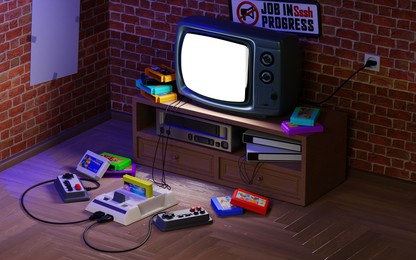 3d illustration. old-fashioned tv set with gamepads, game console and floppy disks(cartridges), video recorder. retro media and room, 90s entertainment. white background on the screen, for your image.