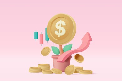 3d money tree plant with coin dollar. business profit investment, finance education, earning income, business development concept. 3d money trade vector icon for banking render illustration