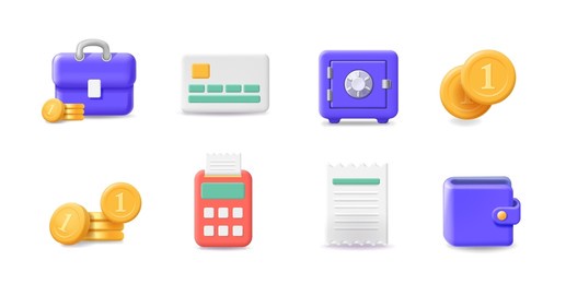 financial icons. 3d vector set. money, bill, safe, cash. paying symbols, exchange interface, e-money wallet.