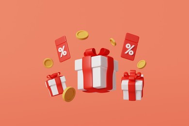 gift box money coins with coupon promotion card orange background. special sale discount celebration event. percent price tag offer and white present in red ribbon for shopping marketing. 3d rendering