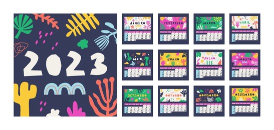 brazilian or portuguese calendar for 2023. week starts on sunday, 12 months. cute multicolor vector calendar with flora drawings.