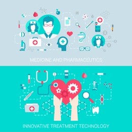 medicine pharmaceutics modern technology treatment concept flat icons set of  process collage and vector web banners illustration print materials website click infographics elements collection