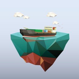 low poly cargo ship salared across ocean. low poly vector illustration.