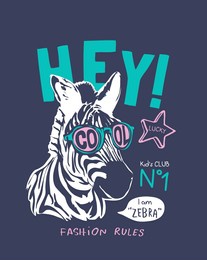 typography slogan with cartoon zebra in sunglasses vector illustration for kid's fashion print