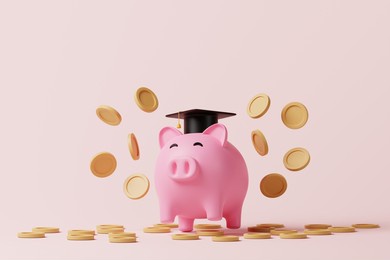 piggy bank with coins and graduation cap on pink background. money savings, investment for education, scholarship concept. 3d rendering