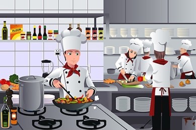 a vector illustration of scene inside a busy modern restaurant kitchen