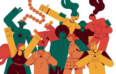 happy young people having fun at holiday party. youth celebrating smth with joy, laughing, dancing. group of friends characters together. flat graphic vector illustration isolated on white background.