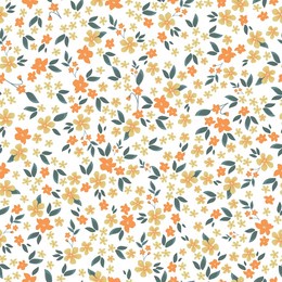 simple vintage pattern. small orandw and yellow flowers. green  leaves. white background. fashionable print for textiles and wallpaper.