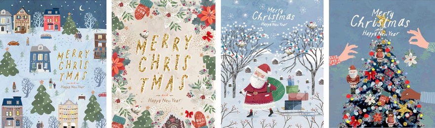 merry christmas and happy new year. vector illustrations of santa claus, winter forest, city street, frame and christmas tree decoration for postcard, card or invitation