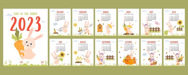 calendar 2023 with cute bunny farmer gardener. printable planner, organizer 12 vertical monthly page templates and cover. vector illustration. week from sunday in english. mascot year rabbit.
