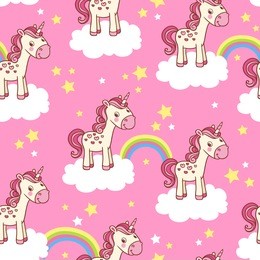 cute seamless pattern with unicorn, clouds, star, rainbow. vector childish background for girl.