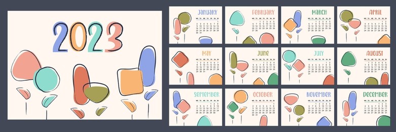 floral calendar 2023 pages. horizontal modern monthly planner with abstract flowers, plants. week starts on monday. organizer template with cover in size a4 a3 a2 a5.vector flat illustration for print