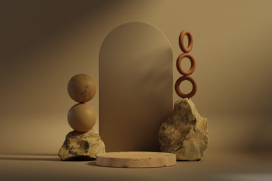 3d wood podium or pedestal product background showcase. rocks and geometric shapes. cosmetic advertising, empty beige backdrop stage. render illustration mockup stand