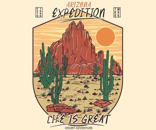 arizona desert explore vibes graphic print design for t shirt, poster, sticker and others.  wild cactus illustration artwork for men , women, boy and girl.