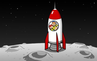 group of children with a lot of imagination in spaceship play moon landing on the moon