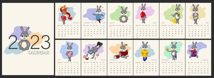 calendar design for 2023 with funny rabbit and various seasonal events. calendar design concept of cute hare and spots, new year character. set for 12 months. wall calendar