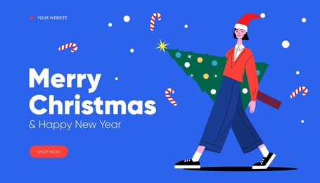 christmas web banner. girl going with xmas tree, cartoon character, vector illustration 