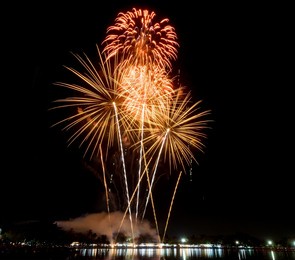 amazing beautiful firework on black background for celebration anniversary merry christmas eve and happy new year.