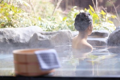 japanese women relaxing in the hot springs.