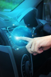 car gps navigation system ideas concept design, pushing on a touch screen interface control panel multimedia in interior of modern car