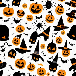 seamless pattern with cute ghosts, bats and pumpkins on white background. illustration for textile, print, card, invitation, wallpaper, fabric.