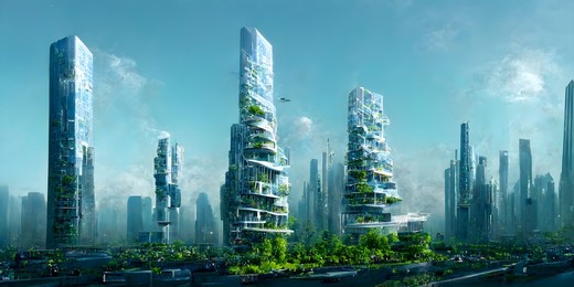 3d render of abstract art with surreal futuristic urban city with high told skyscrapers buildings with green trees around with blue sky on the back
