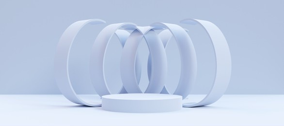 elegant podium with  abstract art objects. stand to show products. stage showcase with copy space. pedestal display. banner size. website cover template. 3d rendering.