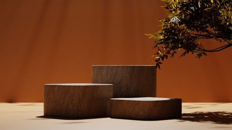 3d rendering wooden pedestal or podium mockup with sunlight rays backdrop, empty platform for product showcase and presentation, blank stage display.